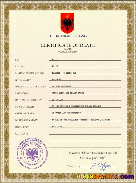 Albania death certificate